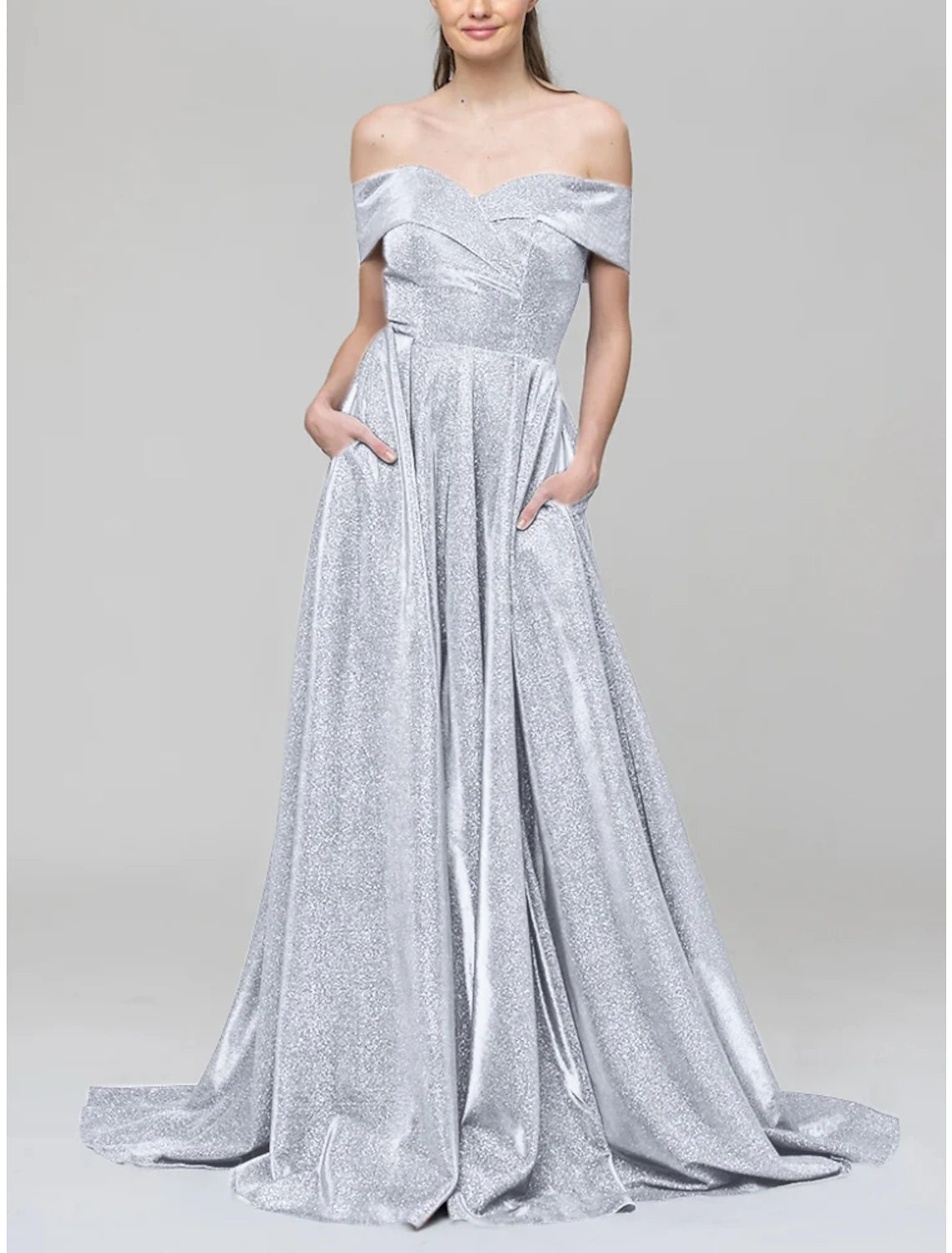 A-Line Evening Gown Sparkle & Shine Dress Formal Court Train Short Sleeve Off Shoulder Sequined with Glitter Pleats 2025